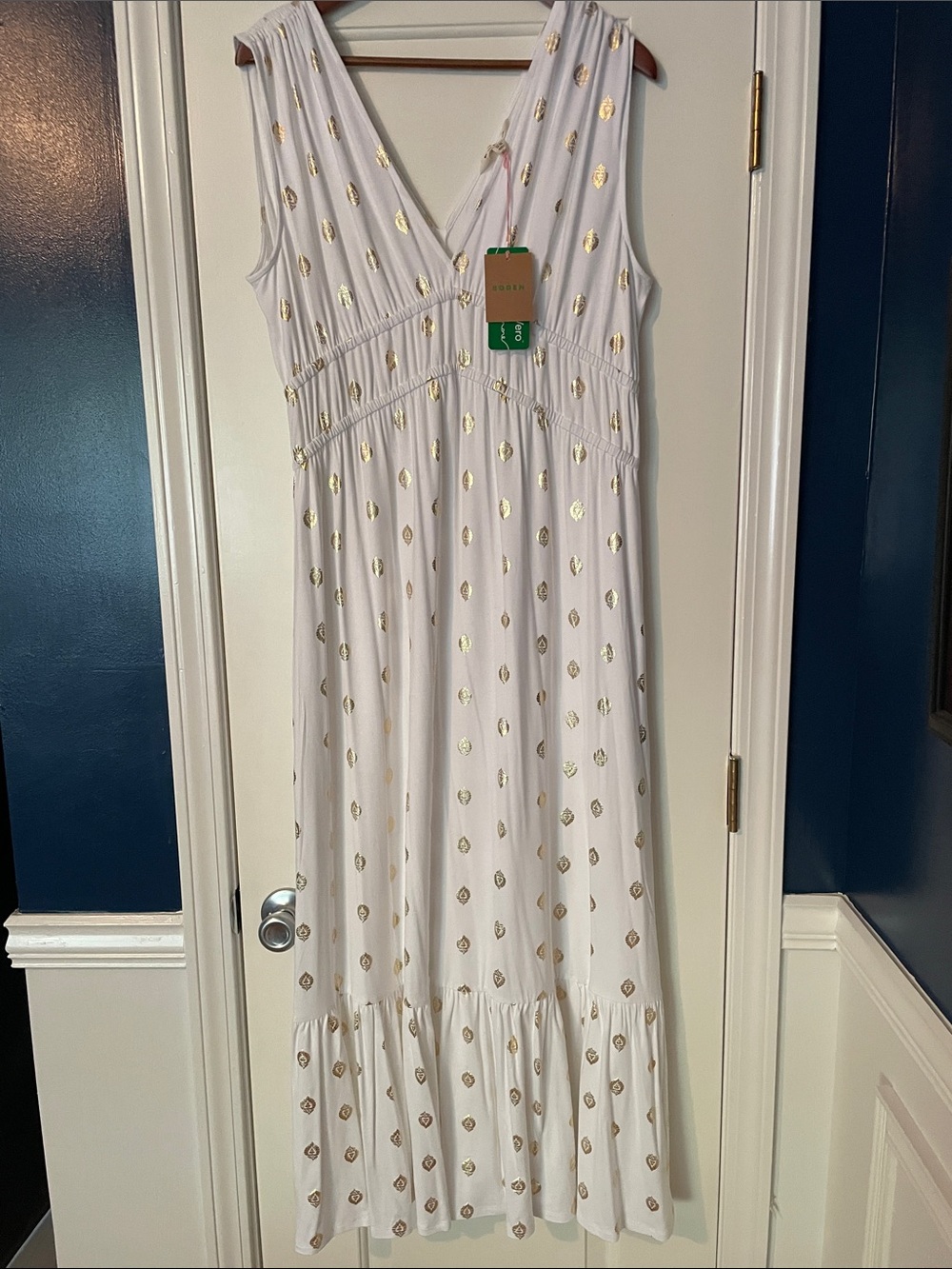Boden White Maxi Dress with Gold Foil Dots